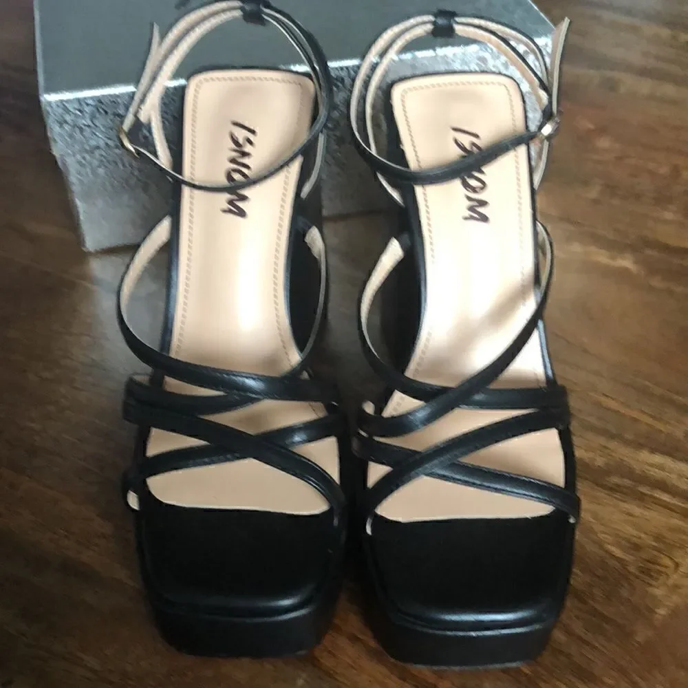 ISNOM Platform Chunky Block Heel Sandals with Open Square Toe size 7